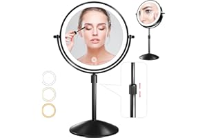 Omobolanle 8" Lighted Makeup Mirror, 10X Magnifying Mirror with Light 360° Rotation Double Sided Mirror with 3 Color Lights Brightness & Height Adjustable Rechargeable LED Light Up Mirror Black