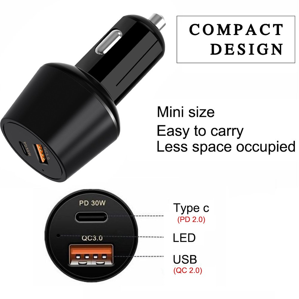 Aroc Quick Charge 3.0, USB tipo C, adattatore per auto caricabatteria da auto 48 W QC 3.0 USB-A Port + porta USB di tipo C PD 2.0 per Iphonex/8/7/6s/6s Plus Samsung Galaxy Huawei Google pixel/XL MacBook Pro (nero)