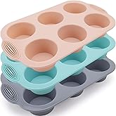 Baocuan Silicone Muffin Pan - 6-Cavity Nonstick Baking Tray for Muffins, Cupcakes, Brownies and More - Food Grade and BPA Free - Pack of 3 Colors (Gray, Orange, Peacock Blue)