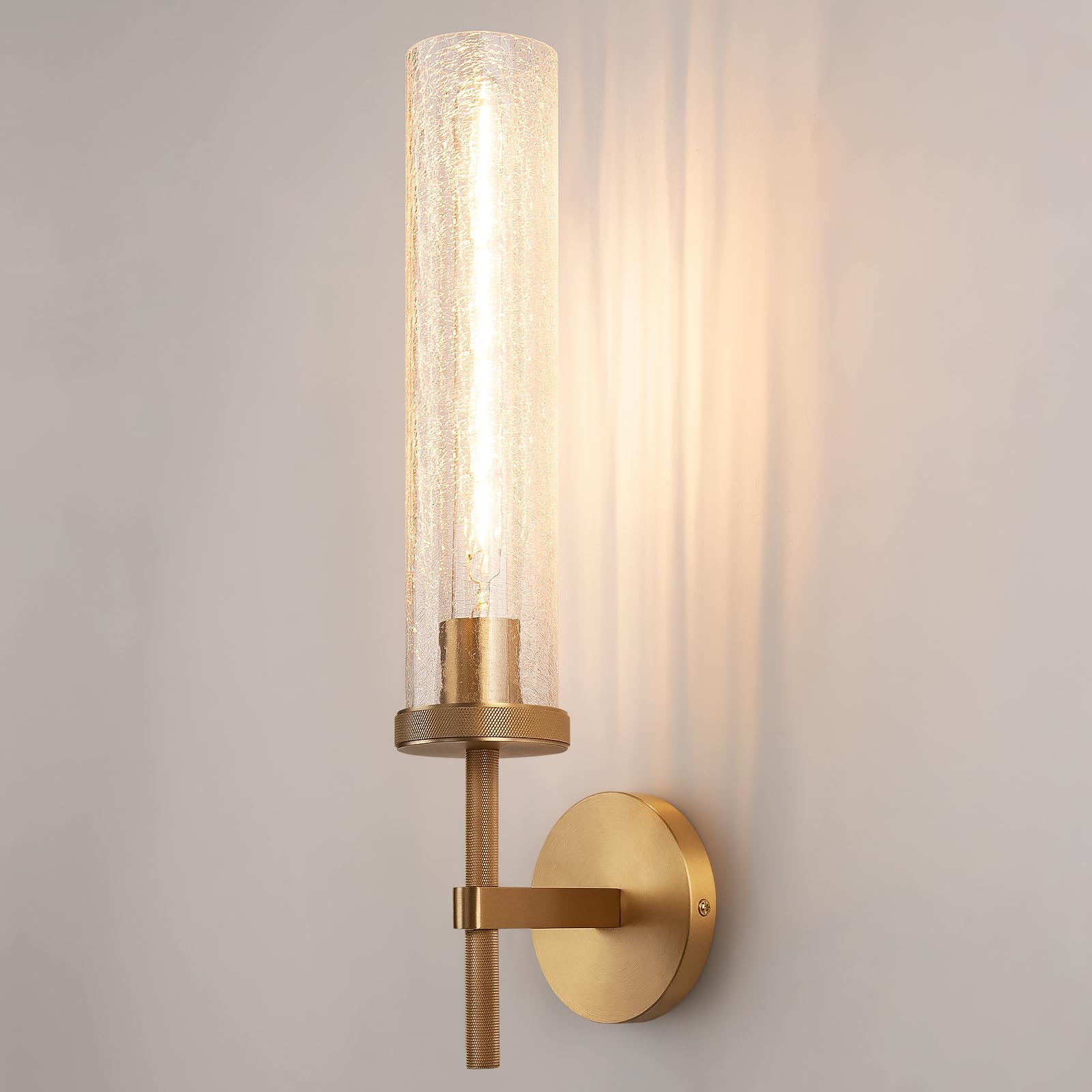 Photo 1 of Vookea 19.5" Knurled Brass Wall Sconce with Crackle Glass Tube, Gold Bathroom Vanity Light Fixtures, Modern Lamp Lighting for Bedroom, Living Room, Hallway, Staircase, Mirror, Kitchen