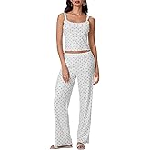 SOLILOQUY Women 2 Piece Pajama Set Sleeveless Lace Patchwork Cami Crop Top and Pants Y2K Floral Print Lounge Sleepwear PJ Set