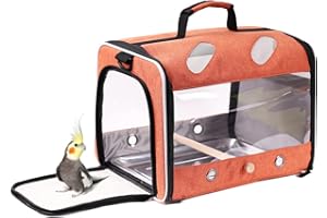 ORIZZP Bird Carrier Backpack with Wooden Stand Perch, Light Bird Carrier Travel Cage, Airline Approved (Orange, Bird Carrier)