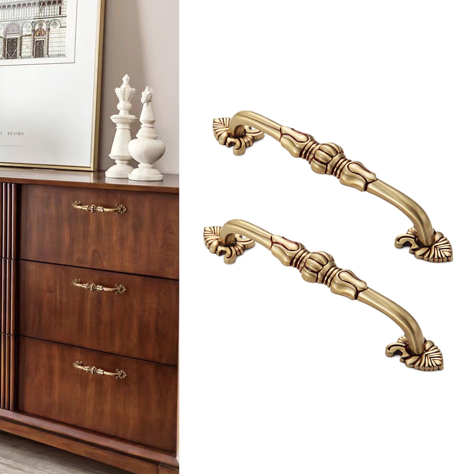 CcHhyyt 2 Pack 3-3/4” Brass Cabinet Pulls Antique Floral Pattern Cupboard Handle Drawer Pulls Solid Brass Kitchen Hardware Matte Gold Handles for Cabinet Drawer Wardrobe (128mm Hole Center, Gold)