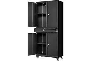 AFAIF Black Metal Storage Cabinet with Wheels, 73" Tall Garage Rolling Storage Cabinets with Doors and Shelves, Lockable Tool Caninet Steel Locking Cabnets for Home Office, Garage, Pantry