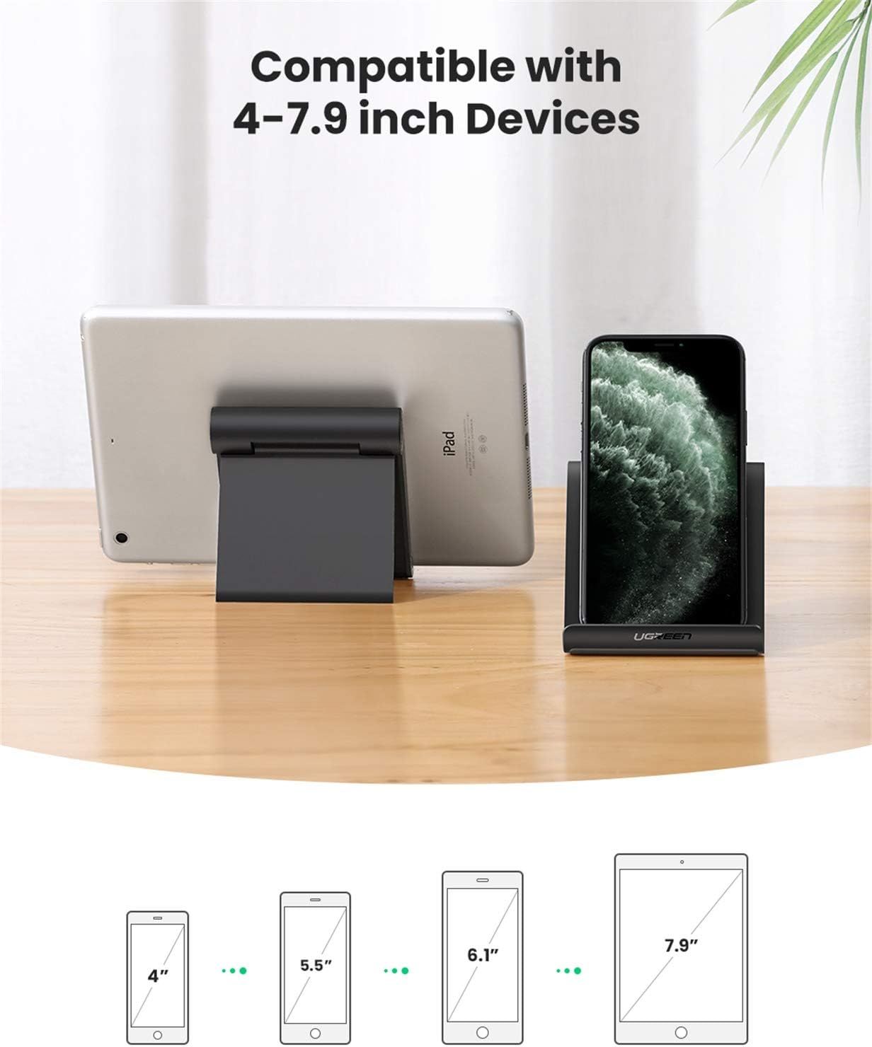 UGREEN Cell Phone Stand Holder Mobile Phone Dock Compatible for iPhone 12 11 Pro Max SE XS XR 8 Plus 6 7, Samsung Galaxy Note20 S20 S10 S9 S8 Android Smartphone Holder Desk Adjustable Foldable (Black)