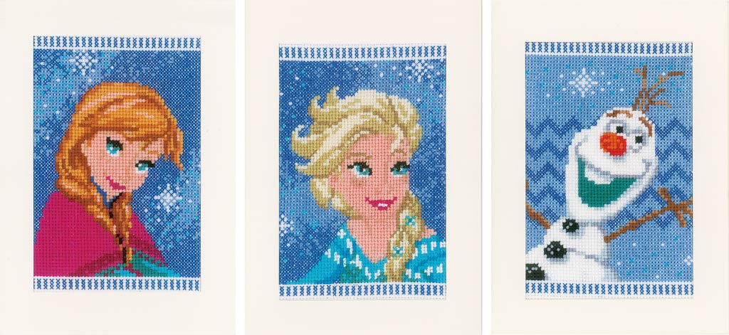 Vervaco Counted Cross Stitch Kit: Greeting Cards: Frozen-Elsa, Olaf & Anna (Set of 3), Cotton, Assorted, 9 x 1 x 7 cm