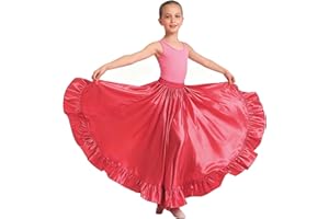WJPUUS Satin Full Long Skirt for Circle Ruffle Skirt Satin Flowy Latin Belly Dance Umbrella Dress for Girls 8-12 Years