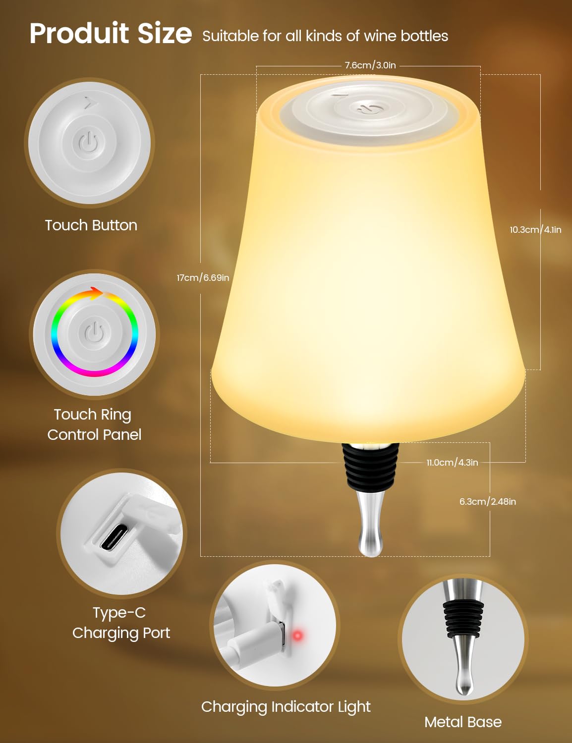 LED Akku Flaschenlampe 2 Stück, IP54 Flaschenlampe Aufsatz LED, 7 Modi Stufenlos Dimmbare Licht, 5200mAh Dimmbar Flaschenlicht, Touch Control Tischlampe Kabellos für Restaurants Schlafzimmer (Weiß) 5