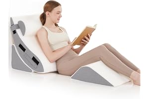 Longering Orthopedic Bed Wedge Pillow Set for Sleeping 4 PCS - Adjustable Triangle Pillow for Neck Leg Support with Washable Cover - 35D Foam Wedge Pillow Post Surgery for GERD & Snoring (White Grey)