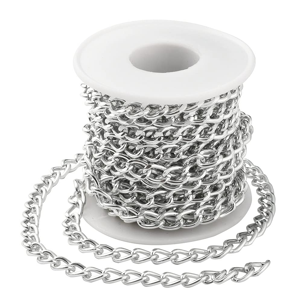 16.4 Feet Aluminum Curb Chains 10x6.5x1.8mm Twisted Links Cross Cable Chains Silver Plated with Spool for Pendant Necklace Jewelry Making, 10x6.5x1.8mm-Silver