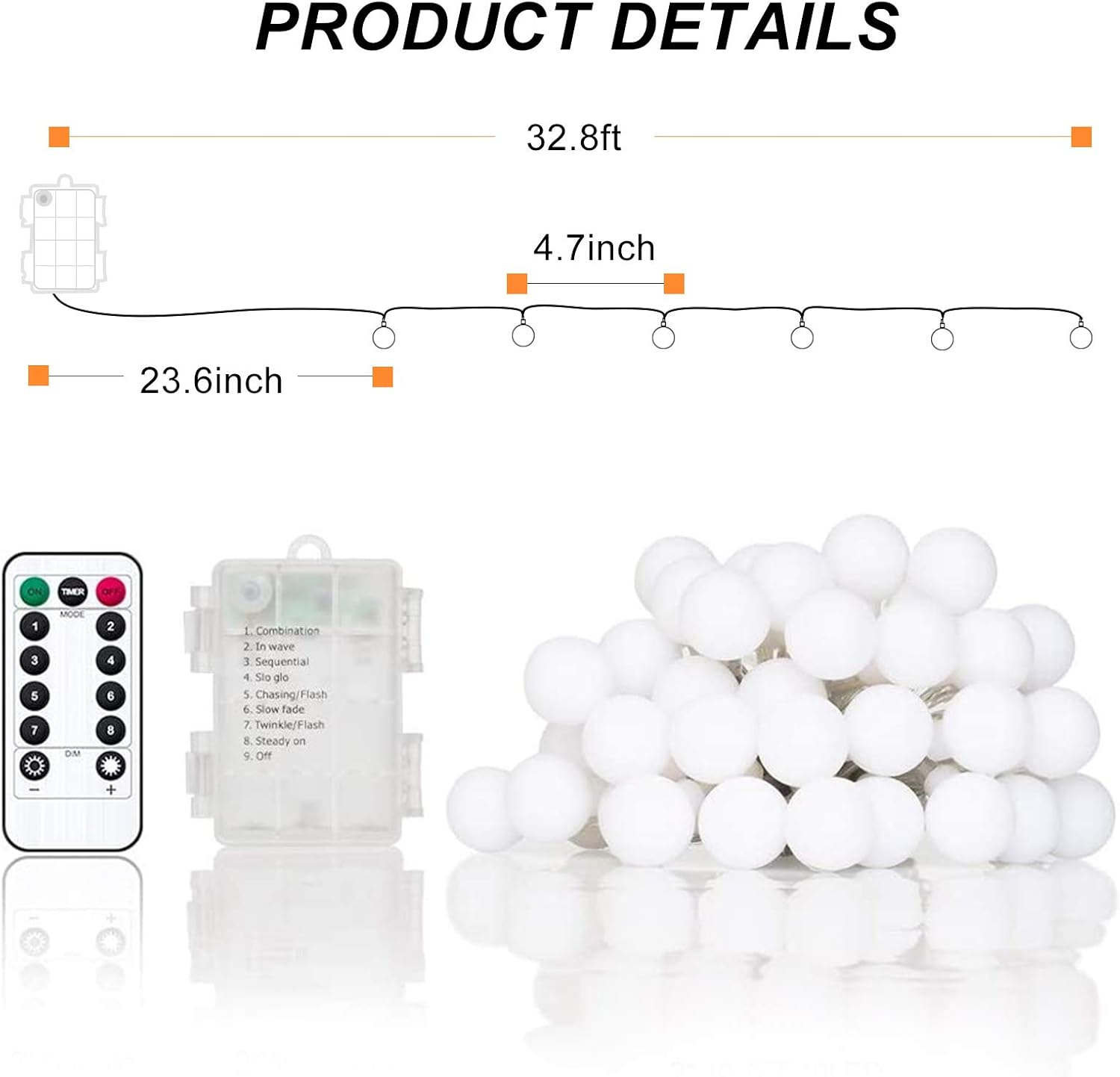 Globe String Lights, 32.8 ft 80 LED Battery Operated Fairy Twinkle Light with Remotes& Timer Christmas Lamp for Bedroom Canopy Ceiling Party Wall Wedding Backdrop Decor, Warm White, 8 Lighting Modes : Garden & Outdoor