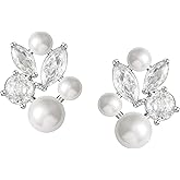 SWEETV Pearl Wedding Earrings for Brides, Bridesmaids, Bridal Pearl Cluster Earrings, Cubic Zirconia Pearl Drop Stud Earrigs for Women, Formal Jewelry Mother's Day Gifts