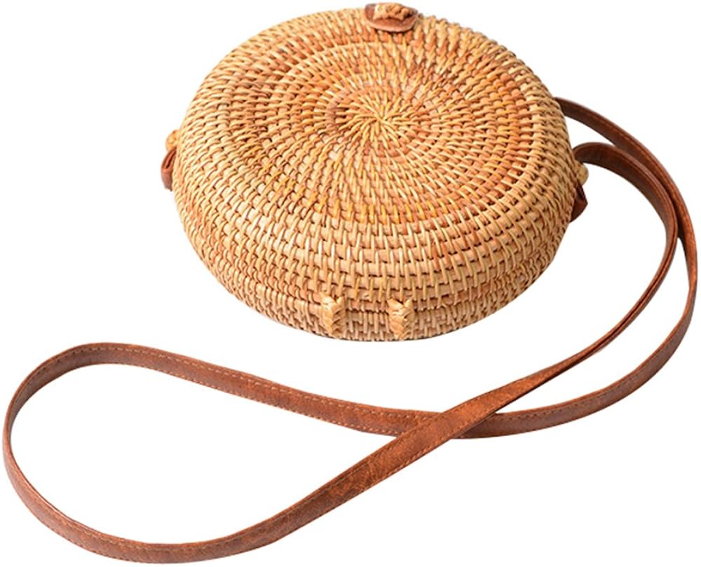 YOUTHUNION Rattan Bag Round Knitted Straw Bag Tropical Beach Style Crossbody Handwoven Tote Basket Bali Leather Strap Bags (Style 6)