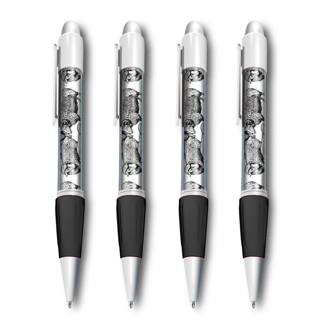 Set of 4 White Ballpoint Pens (Photo Insert) - Sheep Pattern Farm Farmer - Soft Feel Finger Grip #170869