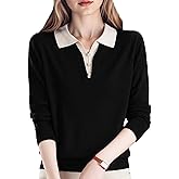 DOVWOER Women's Polo V Neck Layered Look Sweaters Long Sleeve 2 in 1 Pullover Tops