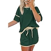 Rapbin Women's 2 Piece Sets Summer Casual Short Sleeve Tops Matching Drawstring Mini Skirt Going Out Lounge Outfits