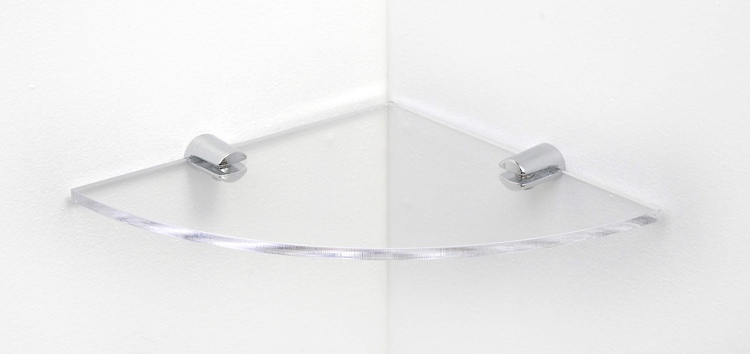 BSM Marketing Wall Mounted Floating Acrylic Corner Shelf with Chrome Supports available in Clear, Black and White (Clear, 150mm x 150mm)