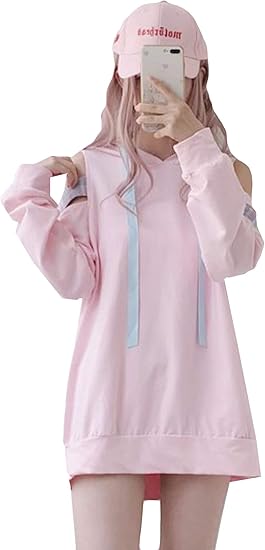 Amazon Alhyla レディース パーカー フード付き ゆったり トレーナー 着痩せ 春秋 トップス 長袖 可愛いパーカー 肩出し プルオーバー リボン 甘い シンプル 学生 フリーサイズピンクf セーター 通販