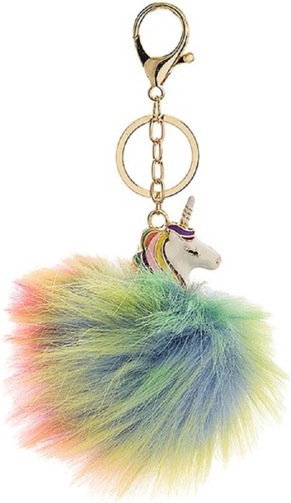 Fluffy Rainbow Unicorn Pom Pom Keyring