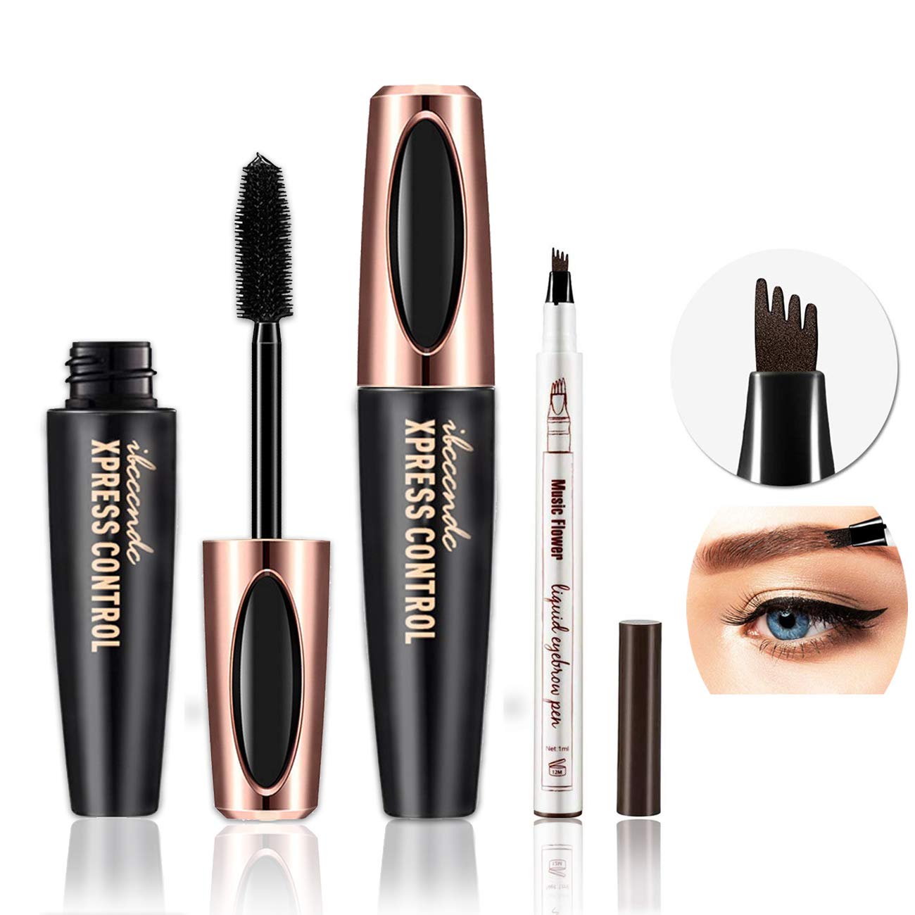 DC-BEAUTIFUL 4D Eyelash Mascara Cream and Tattoo Eyebrow Pencil (Chestnut) Set, Waterproof Eyebrow Pen with Micro-Fork Tips, Natural Thickening Curling Mascara, Beauty Make up Set Must