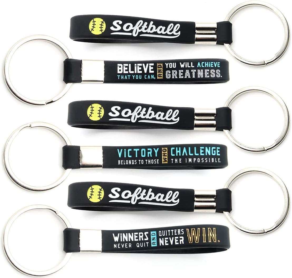 (12-pack) Softball Keychains with Motivational Quotes - Wholesale Pack of Key Chains in Bulk for Giveaway Gifts for Team, Softball Theme Party Favors and Supplies for Boys Girls Men Women: Clothing