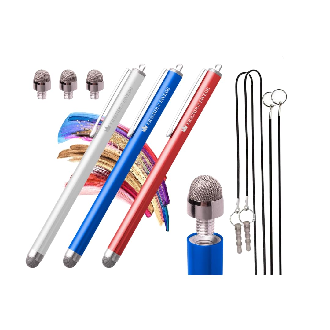 The Friendly Swede Stylus Pens for Touch Screens - Micro-Knit Mesh Tip Capacitive Stylus Pen for Tablets and Phone, with Replaceable Fibre Tip Design (3 Pack)