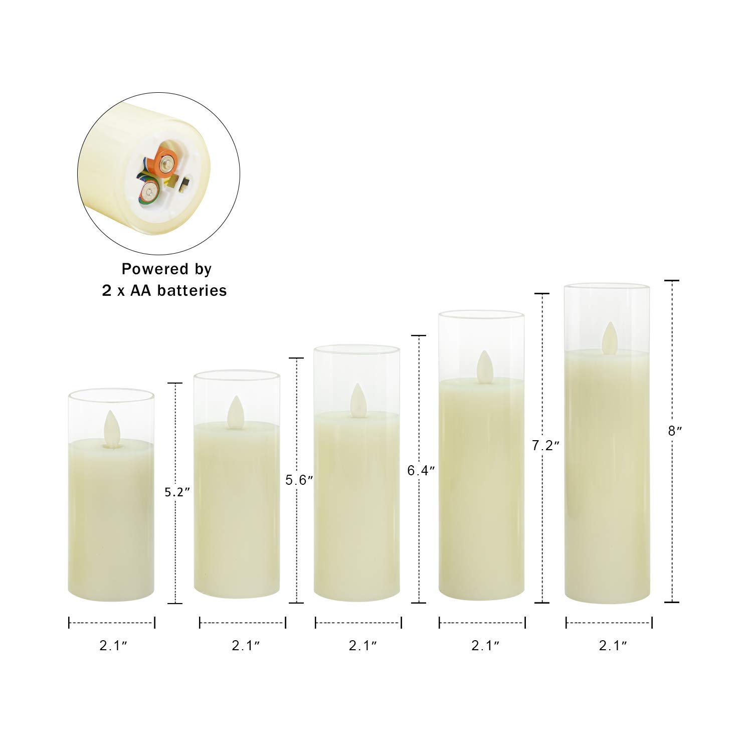 ACROSS Flickering Flameless Candles Battery Operated Pillar Real Wax Moving Wick LED Glass Candle Sets with Remote Control Timer for Halloween Holiday Christmas Wedding Party, 5\