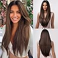 Allbell Brown Wigs for Women Long Straight Layered Natural Hair Wig with Dark Brown Roots Middle Part Synthetic Wig