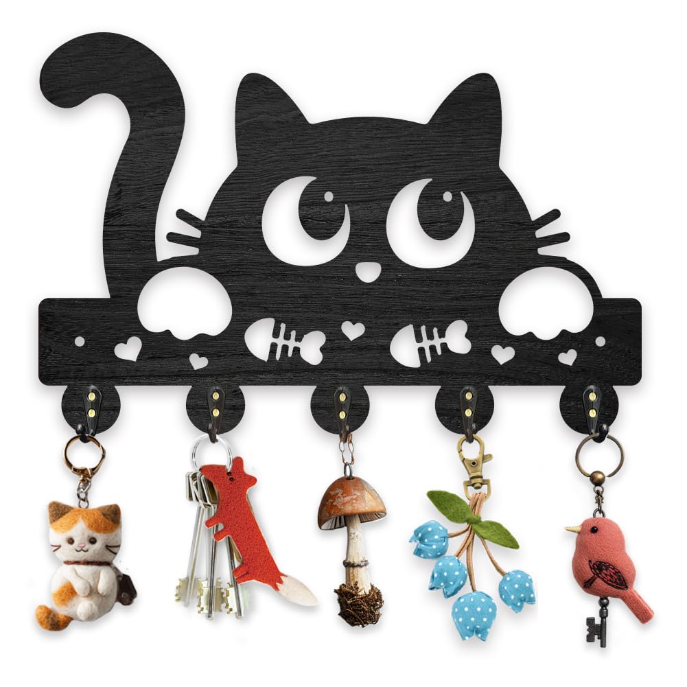 MAYJOYDIY Wooden Lovely Cat Wall Mounted Key Rack, 30x20cm, Animal Theme Key Rack Organizer Black Key Holder for Wall with 5 Alloy Hooks for Entryway Front Door Hallway Car Key Organizer