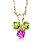 Gem Stone King 14K Yellow Gold Green Peridot and Pink Sapphire 3-Stone Pendant Necklace For Women (0.37 Cttw, Gemstone August Birthstone, Round 3MM, 18 Inch Chain)