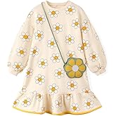Ozkiz Girls Easter Dress Long Sleeve with Bag Set - Korean Floral Cotton Toddler Church Outfit Ages 4-8