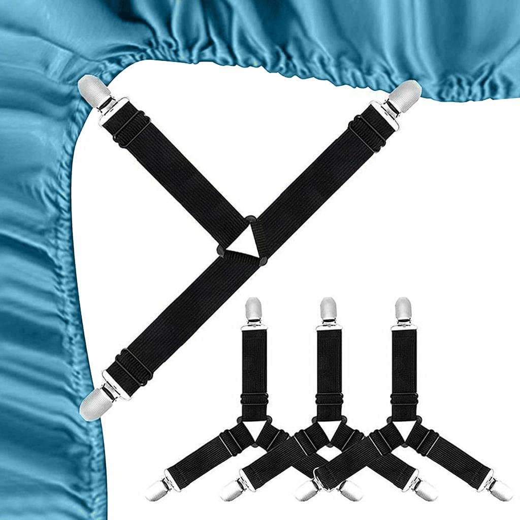 ebuyerfix 4pcs Bed Sheet Straps, Mattress Cover Bed Sheets Clips to Hold Sheets in Place, Elastic Bed Sheet Suspenders Adjustable Bed Bands Fasteners Heavy Duty Grippers Black
