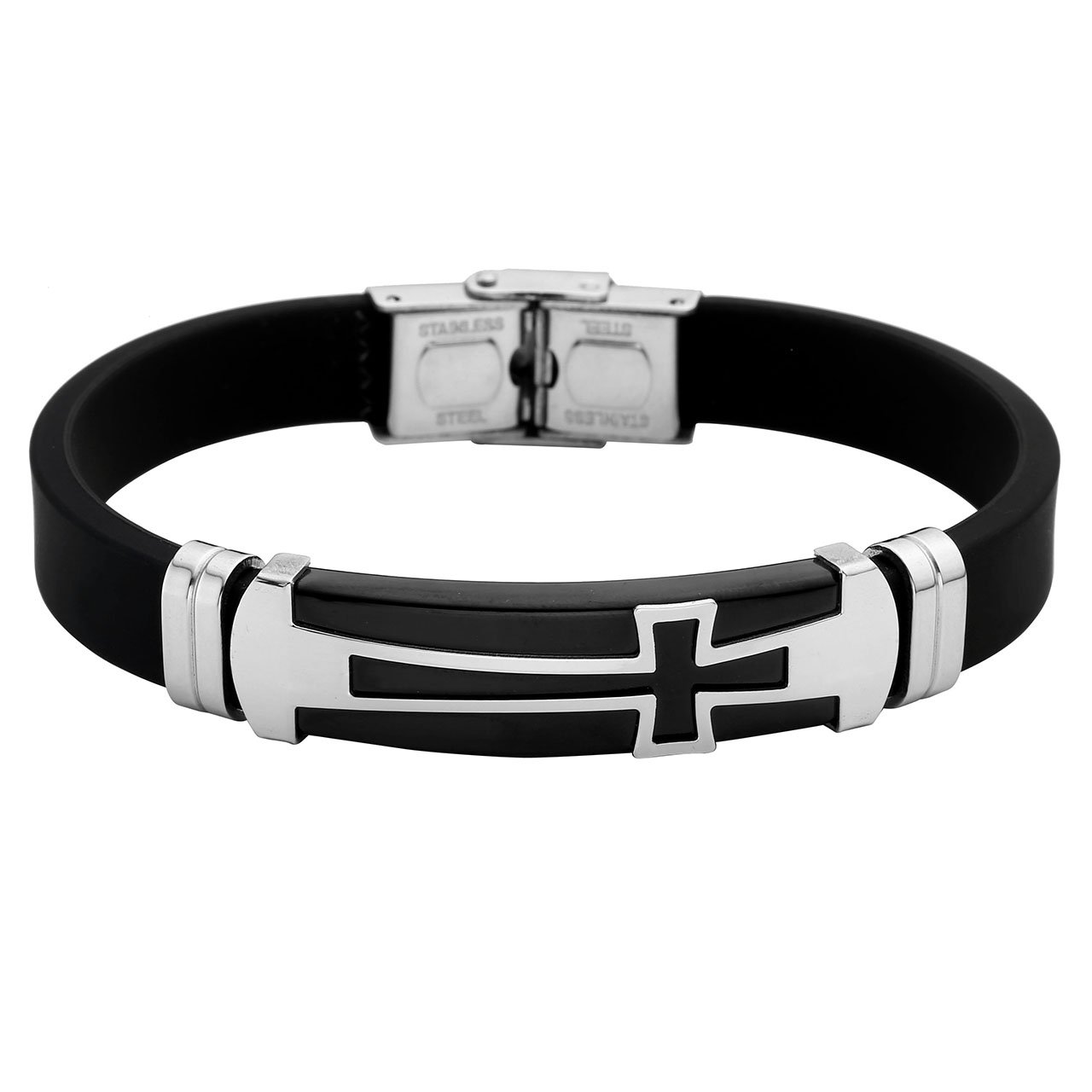 PiercingJ - Bijoux Bracelet en Caoutchouc Poli Croix Lien Poignet Chaine de Main Biker Motard Acier Inoxydable Classique Couple Amoureux Cadeau Valentin avec Boite Cadeau