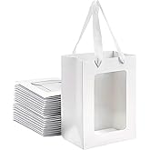 VAGREEZ 15-Pack Gift Bags with Clear Window, Reusable Small Medium Kraft Transparent Window Paper Bags with Handles in Assorted Colors and Bulk Pack for Party, Wedding, Birthday and Small Business, White / Small