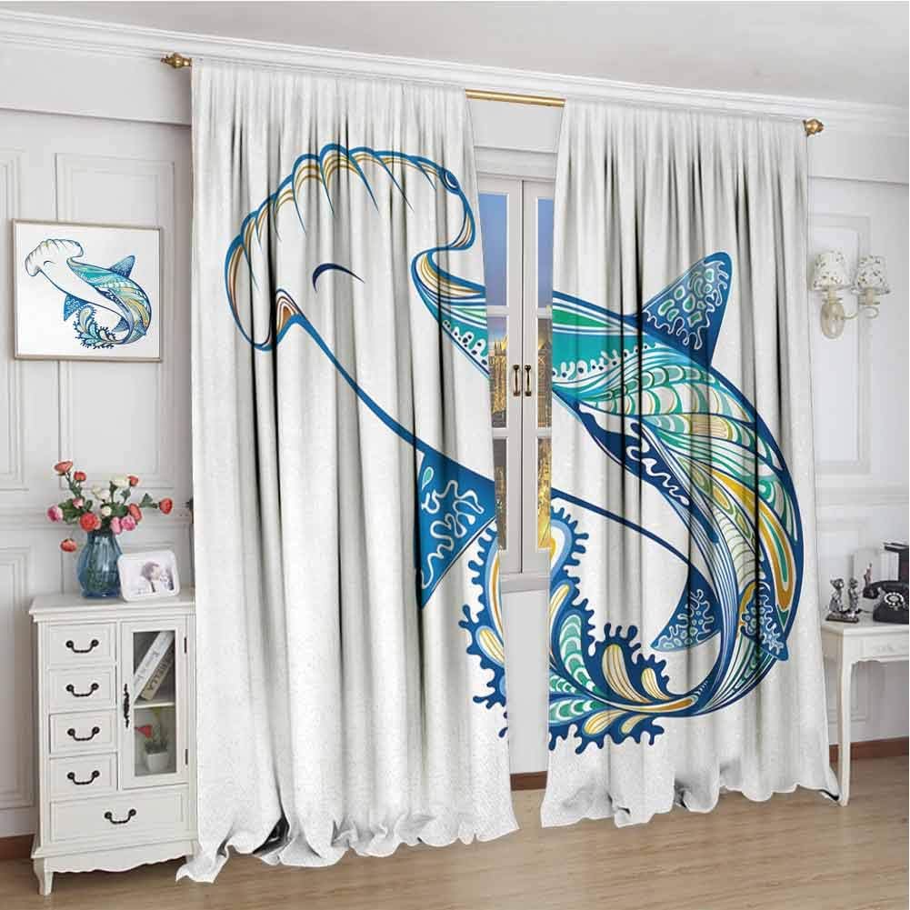 championCEL Abstract, Blackout Window Curtain, Hammer Head Shark Ornate Underwater Sea Ocean Life Animals Marine, Blackout Draperies for Bedroom, Blue Aqua White, 84x72 inch