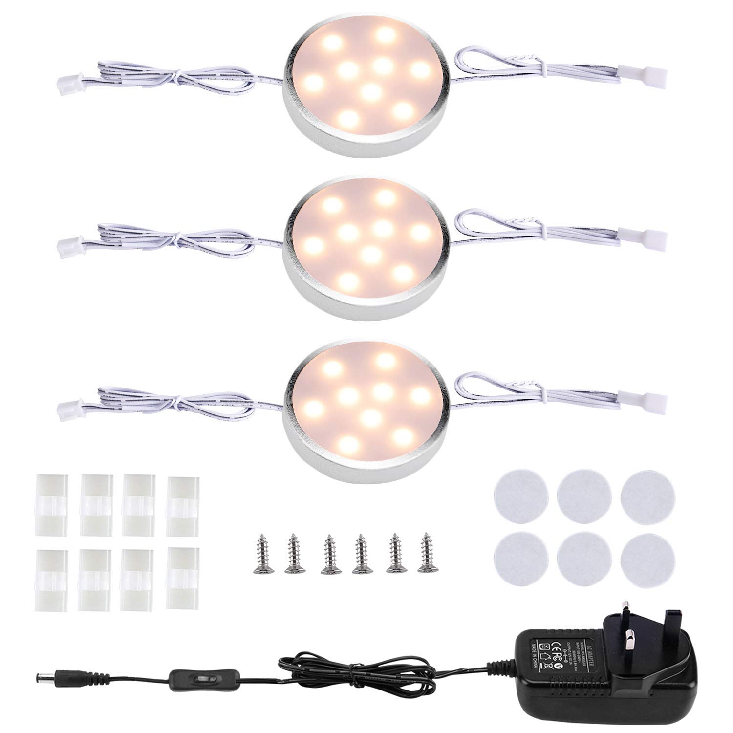 LABOREDUCER Under Cabinet Kitchen Lights Wired 3 Pack,2700K Warm White Under Cupboard Light with Switch & UK Adapter,12V Puck Lights LED Night Light for Kitchen,Wardrobe and Cupboard