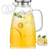 LUNA & MANTHA 2 Liter 68oz Water Pitcher with Handle and Spout, Glass Pitcher with Lid for Fridge, Borosilicate Glass for Sangria, Iced Tea, Juice, Cold/Hot Beverage, Large Jug with 2 Silicone Rings