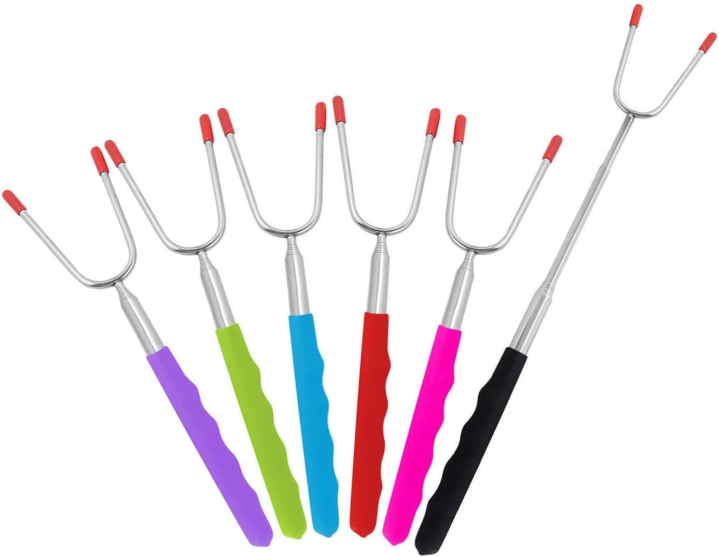 MONOJOY 6 PCS Marshmallow Roasting Sticks BBQ Forks Kebabs Skewers sticks 34 Inch Long Extendable bbq accessories Telescopic Grilling Camping Stainless Steel Hot Dog Fork with Carrying Bag