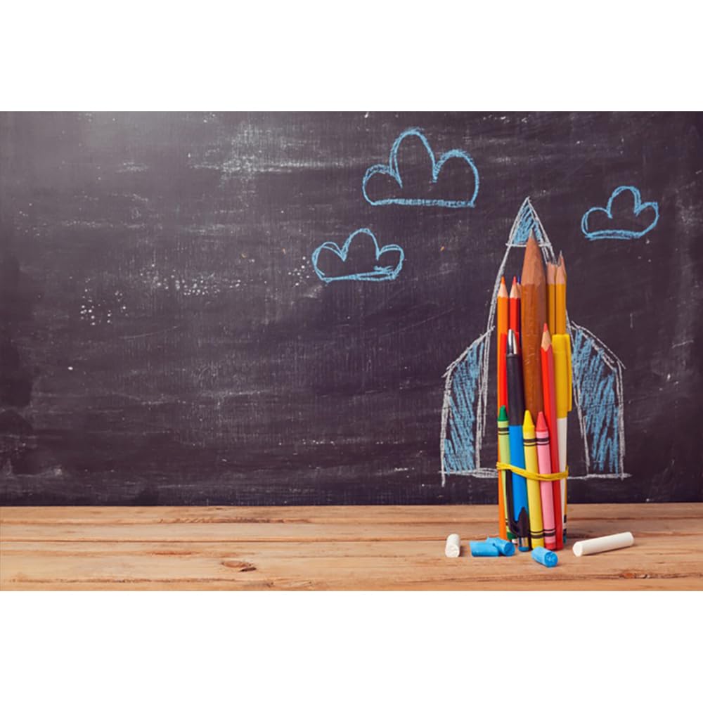 YongFoto 3x2m Photography Backdrop Back to School Rocket Made from Pencils Blackboard Backdrops for Photography Photo Shoots Kids School Vinyl Photo Background Studio Props