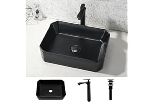 Black Rectangle Vessel Sink with Faucet and Drain Combo- Hovheir 20x15 Ceramic Bathroom Sink Above Counter Vessel Sink Rectangle Porcelain Ceramic Bathroom Vessel Vanity Sink Art Basin Set