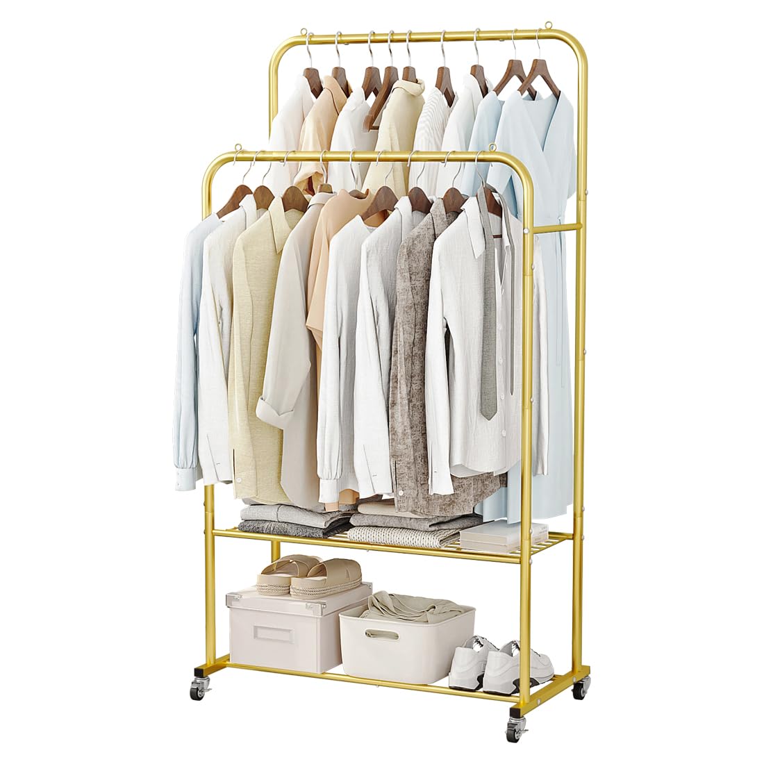 Photo 1 of SUOERNUO Clothes Rack with Wheels Garment Rack for Hanging Heavy-Duty Clothing Rack Metal Rolling Clothes Shelves for Bedroom, Closet (Golden)