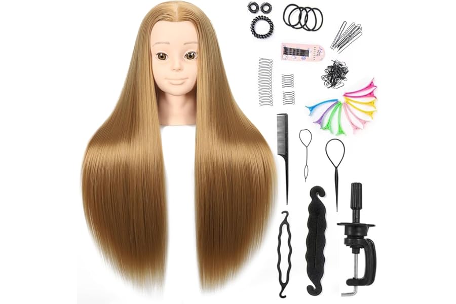Headdoll 26″-28″ Mannequin Head Styling Mannequin Head for Hair Styling and Free Table Stand Training Head Manikin Cosmetology Doll Head with Long Fiber Hair Hairdresser Practice Head for Stylist
