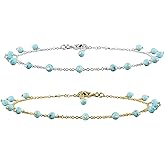 JOR Natural Larimar Beaded Rosary Anklet, Handmade Craft, Anklet Beads Bracelet, Chakra Healing, Gemstone Women Jewelry, Dainty Gold and Silver Plated Combo Anklet 9 inch + 1.5 inch (2pcs)