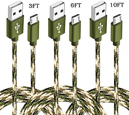 Micro USB Cable, KinPond[3 Pack][3/6/10FT] Nylon Braided Durable High Speed 2.0 USB Charging Cable with Aluminum Heads for Samsung Galaxy, HTC, Motorola, Nokia, LG, Android (Camo Green-3&amp;6&amp;9ft)
