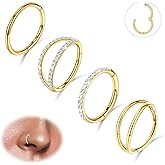 Beautidots 4 PCS 16G 18G 20G Nose Rings Hoops Stainless Steel Earrings Tragus Septum Piercing CZ Clicker Ring Hinged Segment Lip Double Hoops 8MM/10MM