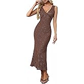 winkbay Women's Polka Dots Tie Back Dress Deep V Neck Sleeveless Maxi Going Out Dresses