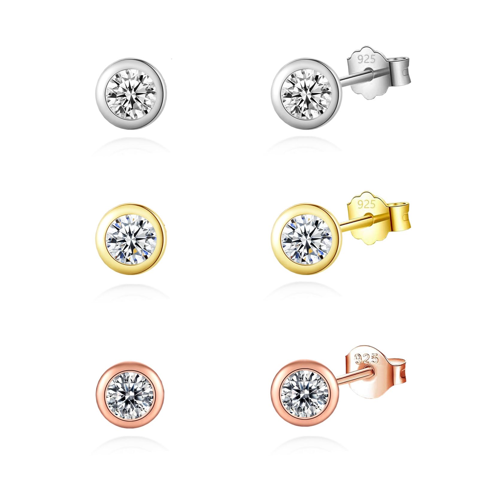 HinDaLi 3 Pairs 925 Sterling Silver Studs Earrings for Women Girls Gold Round Earrings Cubic Zirconia Sleeper Cartilage Rose Gold Diamond Silver Earring for Women Hypoallergenic