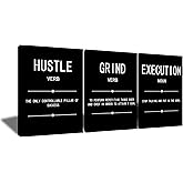 Inspirational Quotes Grind Verb Hustle Verb Execution Noun Motivational Painting Wall Art 3 Pieces Canvas Print Inspiring Office Decor Poster Framed for Wall Art Decoration Ready to Hang[36''Wx 16''H]