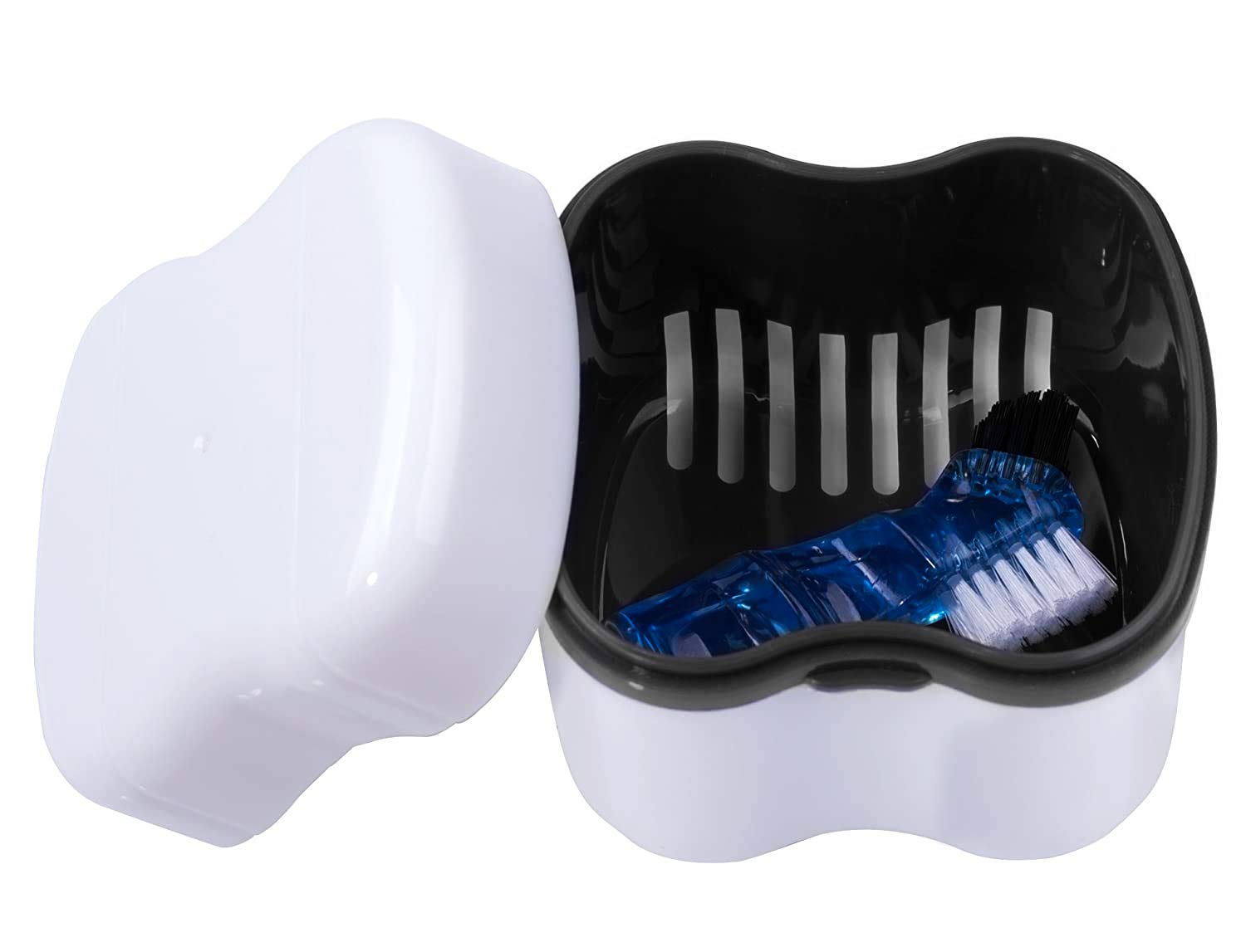 Denture Brush Retainer Case, Denture Case, Denture Cups Bath, Dentures Container with Basket Denture Holder for Travel, Mouth Guard Night Gum Retainer Container (black) : Beauty