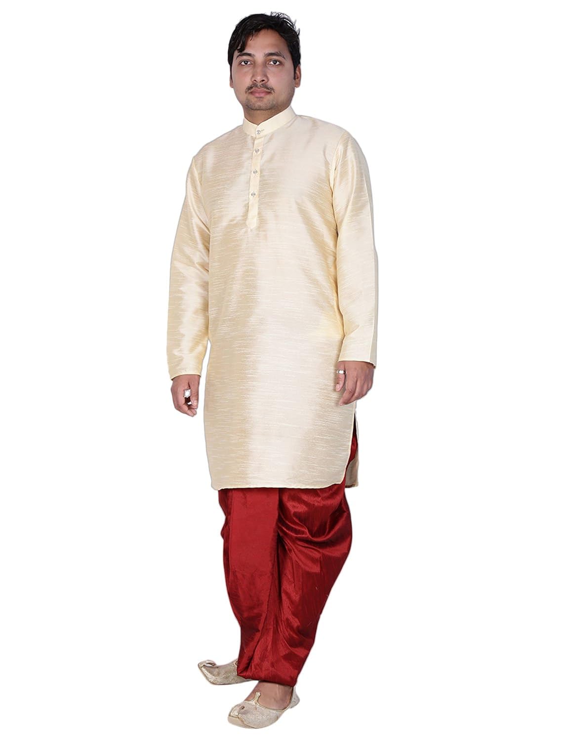 modern garments men's beige dupion silk kurta & red dhoti